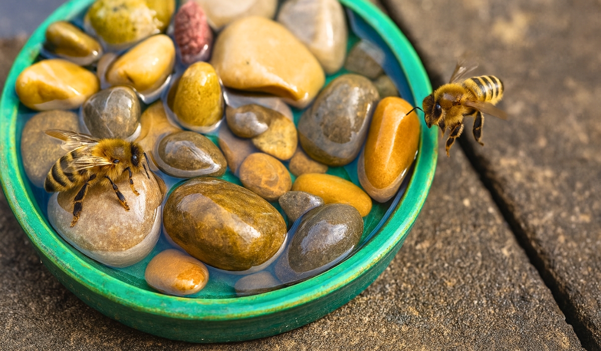 Bienen trinken in einer Wassertr&auml;nke (Untersetzer gef&uuml;llt mit Steinen und Wasser)