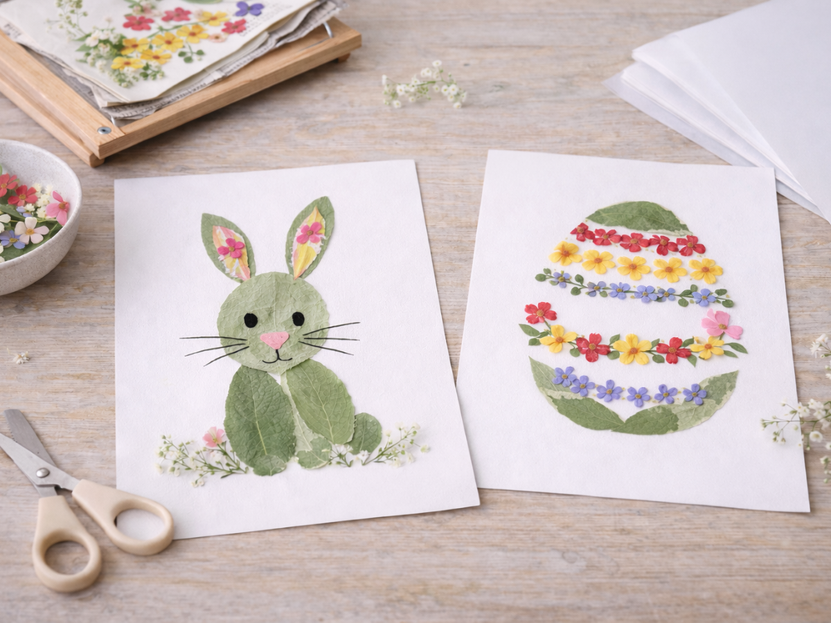 Osterbilder aus gepressten Bl&auml;ttern - Osterbastelideen f&uuml;r Kinder