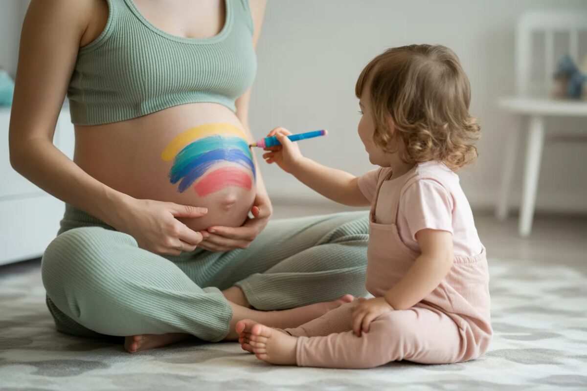 Geschwister auf das Baby vorbereiten Schwanger mit Kleinkind
