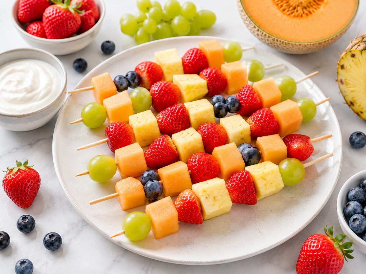 Obstspiesse mit Naturejoghurt-Dip - gesunde Brotdose n Ideen f&uuml;r Kinder