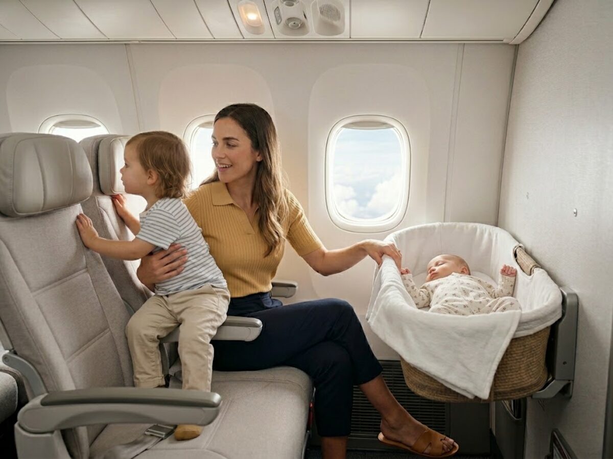mutter-mit-kindern-im-flugzeug-bassinet