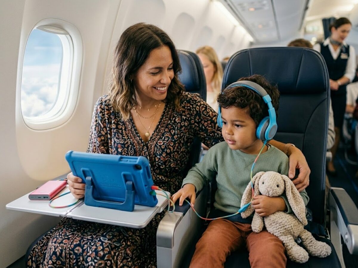 reise-tipps-flugzeug-bildschirmzeit-mutter-kind-kopfhoerer
